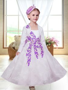 Flare White Lace Zipper Flower Girl Dresses Sleeveless Ankle Length Embroidery