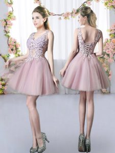 Affordable Sleeveless Mini Length Appliques Lace Up Wedding Party Dress with Pink