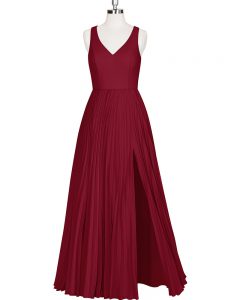 Suitable Wine Red Zipper V-neck Pleated Prom Dress Sleeveless