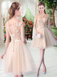 Customized Champagne A-line Scoop Short Sleeves Tulle Mini Length Lace Up Appliques Prom Dress