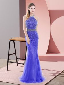 Blue Mermaid Halter Top Sleeveless Tulle Sweep Train Backless Beading Dress for Prom