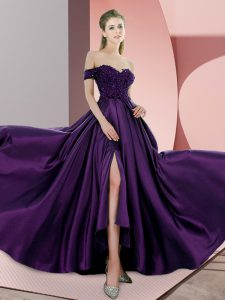Purple Sleeveless Beading and Lace Backless Prom Evening Gown