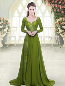 Stunning Olive Green A-line Sweetheart Long Sleeves Chiffon Sweep Train Backless Beading Prom Evening Gown