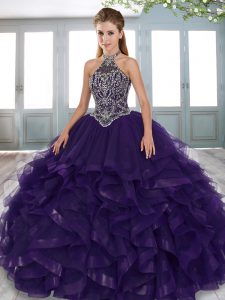 Sweet Dark Purple Sleeveless Beading and Ruffled Layers Floor Length Quinceanera Gowns