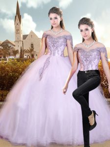 Free and Easy Lavender Cap Sleeves Floor Length Beading and Appliques Lace Up Quinceanera Gown