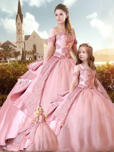Charming Pink Ball Gowns Organza Scoop Sleeveless Beading and Lace Lace Up Sweet 16 Dress Sweep Train