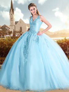 Fitting Ball Gowns Sleeveless Blue 15th Birthday Dress Sweep Train Lace Up