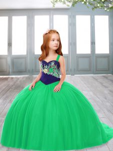 Inexpensive Green Pageant Dress Womens Tulle Sweep Train Sleeveless Embroidery