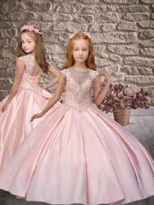 Pink Ball Gowns Scoop Cap Sleeves Satin Floor Length Lace Up Beading Child Pageant Dress