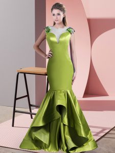 Green and Olive Green Side Zipper Scoop Beading Prom Evening Gown Satin Sleeveless Sweep Train