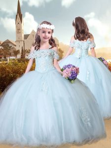 Sweet Floor Length Light Blue Little Girl Pageant Dress Off The Shoulder Short Sleeves Lace Up