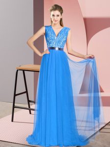 V-neck Sleeveless Sweep Train Zipper Prom Gown Blue Tulle