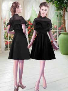 Fine A-line Prom Dress Black High-neck Satin Short Sleeves Knee Length Zipper