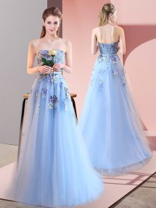 Flirting Blue A-line Tulle Sweetheart Sleeveless Appliques Floor Length Lace Up Prom Party Dress