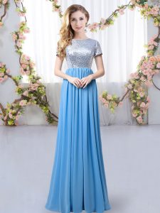 Custom Design Blue Empire Scoop Short Sleeves Chiffon Floor Length Zipper Sequins Bridesmaid Dresses