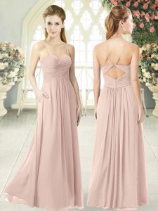 Empire Prom Party Dress Pink Spaghetti Straps Chiffon Sleeveless Floor Length Criss Cross