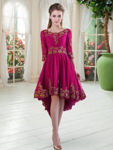 Fine Fuchsia Scoop Neckline Embroidery Prom Dresses Long Sleeves Lace Up
