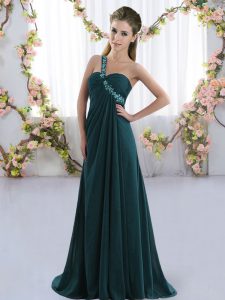 Fantastic Lace Up Vestidos de Damas Peacock Green for Prom and Party with Beading Brush Train