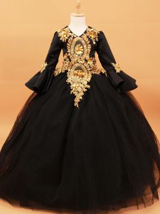 Black Little Girls Pageant Dress Wholesale Wedding Party with Beading and Appliques V-neck Long Sleeves