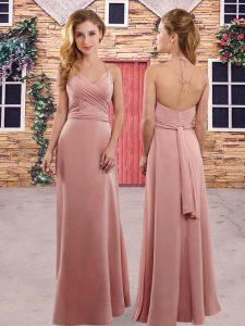 Captivating Spaghetti Straps Sleeveless Wedding Guest Dresses Floor Length Ruching Pink Chiffon