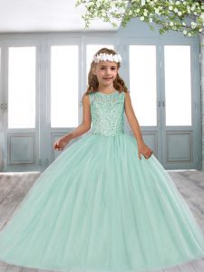 Apple Green Ball Gowns Beading Pageant Dress Toddler Lace Up Tulle Sleeveless Floor Length
