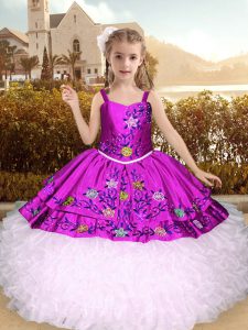 Trendy Fuchsia Sleeveless Embroidery and Ruffles Floor Length Kids Formal Wear