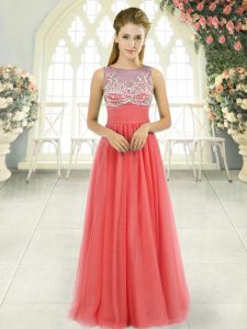 Watermelon Red Empire Scoop Sleeveless Tulle Floor Length Side Zipper Beading Homecoming Dress