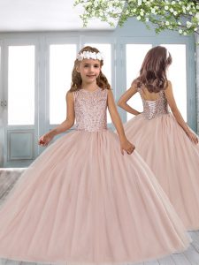 Pink Lace Up Scoop Beading Little Girls Pageant Dress Tulle Sleeveless
