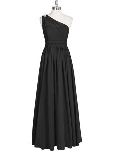 One Shoulder Sleeveless Homecoming Dress Floor Length Ruching Black Chiffon