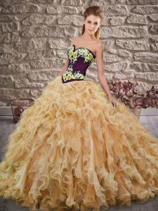 Elegant Halter Top Sleeveless Quinceanera Gowns Sweep Train Embroidery and Ruffles Gold Organza