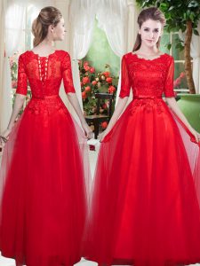 Red Scoop Neckline Lace Homecoming Dress Half Sleeves Lace Up