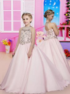 Sleeveless Sweep Train Beading Lace Up Girls Pageant Dresses