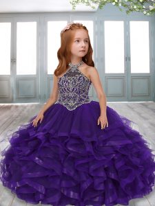 Beading and Ruffles Pageant Dress Purple Lace Up Sleeveless Floor Length