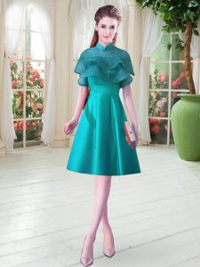 Teal A-line Ruffled Layers Dress for Prom Lace Up Satin Cap Sleeves Knee Length