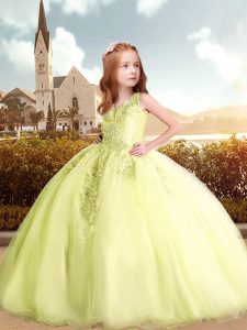 Trendy V-neck Sleeveless Tulle Winning Pageant Gowns Beading and Appliques Lace Up