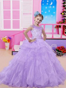 Sleeveless Beading Lace Up Pageant Gowns with Lavender Sweep Train
