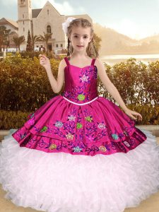 Custom Fit Pink And White Little Girls Pageant Dress Party and Wedding Party with Embroidery and Ruffles Straps Sleevele