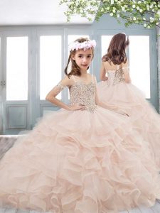 Fancy Sleeveless Brush Train Beading and Ruffles Lace Up Little Girl Pageant Dress