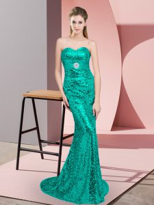 Turquoise Sleeveless Sequined Sweep Train Lace Up Homecoming Dress for Prom and Party