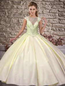 Colorful Cap Sleeves Beading Lace Up Quinceanera Gown with Light Yellow Sweep Train