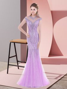 Gorgeous Cap Sleeves Tulle Sweep Train Zipper Evening Dress in Lilac with Beading and Lace