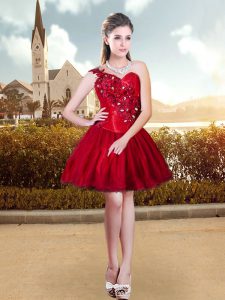 Custom Made Wine Red Organza Lace Up Prom Evening Gown Sleeveless Mini Length Beading