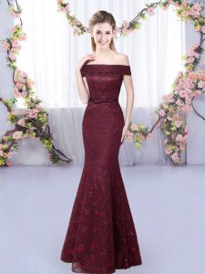 Burgundy Lace Up Off The Shoulder Lace Wedding Party Dress Sleeveless