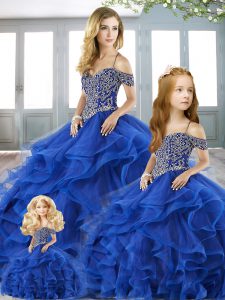 Royal Blue Organza Lace Up Off The Shoulder Sleeveless Floor Length Quinceanera Gown Beading and Ruffles