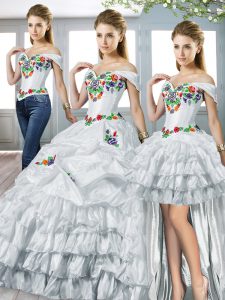 White Lace Up Ball Gown Prom Dress Embroidery and Ruffled Layers Sleeveless Floor Length