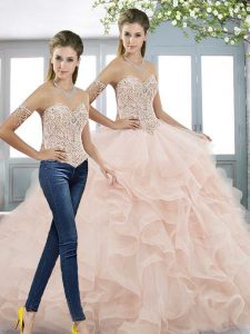 Colorful Organza Sweetheart Sleeveless Sweep Train Lace Up Beading and Ruffles Quinceanera Dress in Baby Pink