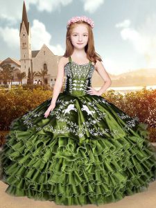 Perfect Olive Green Organza Lace Up Straps Sleeveless Floor Length Pageant Gowns For Girls Embroidery and Ruffles