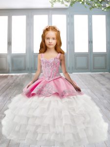 Best Pink Kids Formal Wear Party and Wedding Party with Appliques and Ruffled Layers Straps Sleeveless Sweep Train Lace 
