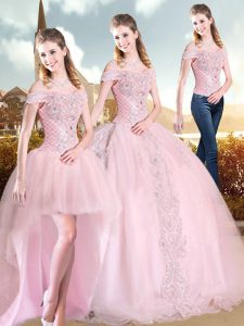 Pink Sleeveless Sweep Train Beading and Lace Quinceanera Dresses