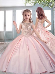 Ball Gowns Cap Sleeves Pink Little Girls Pageant Dress Sweep Train Lace Up